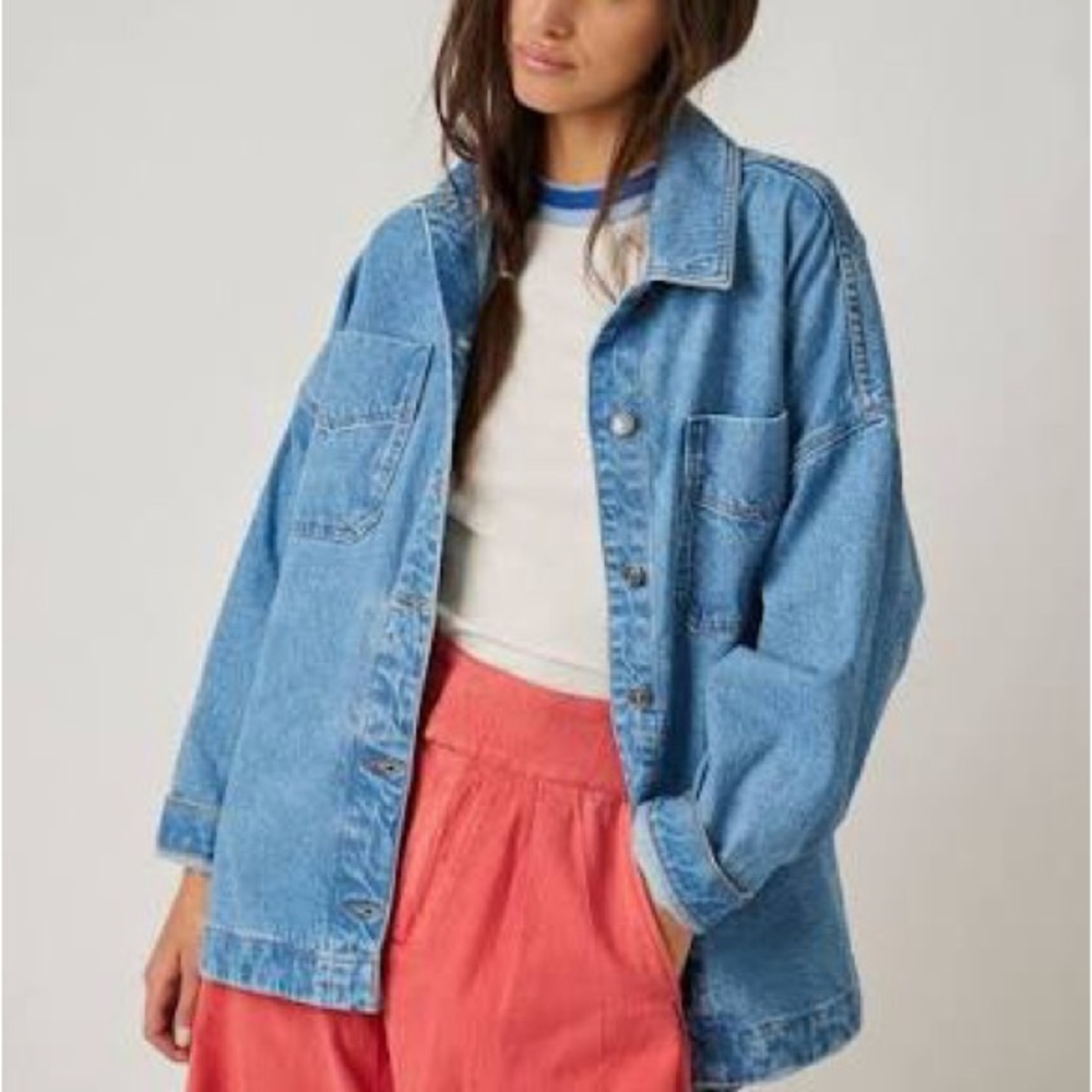 Free People Light Blue Denim Jean Jacket with White Top Accent